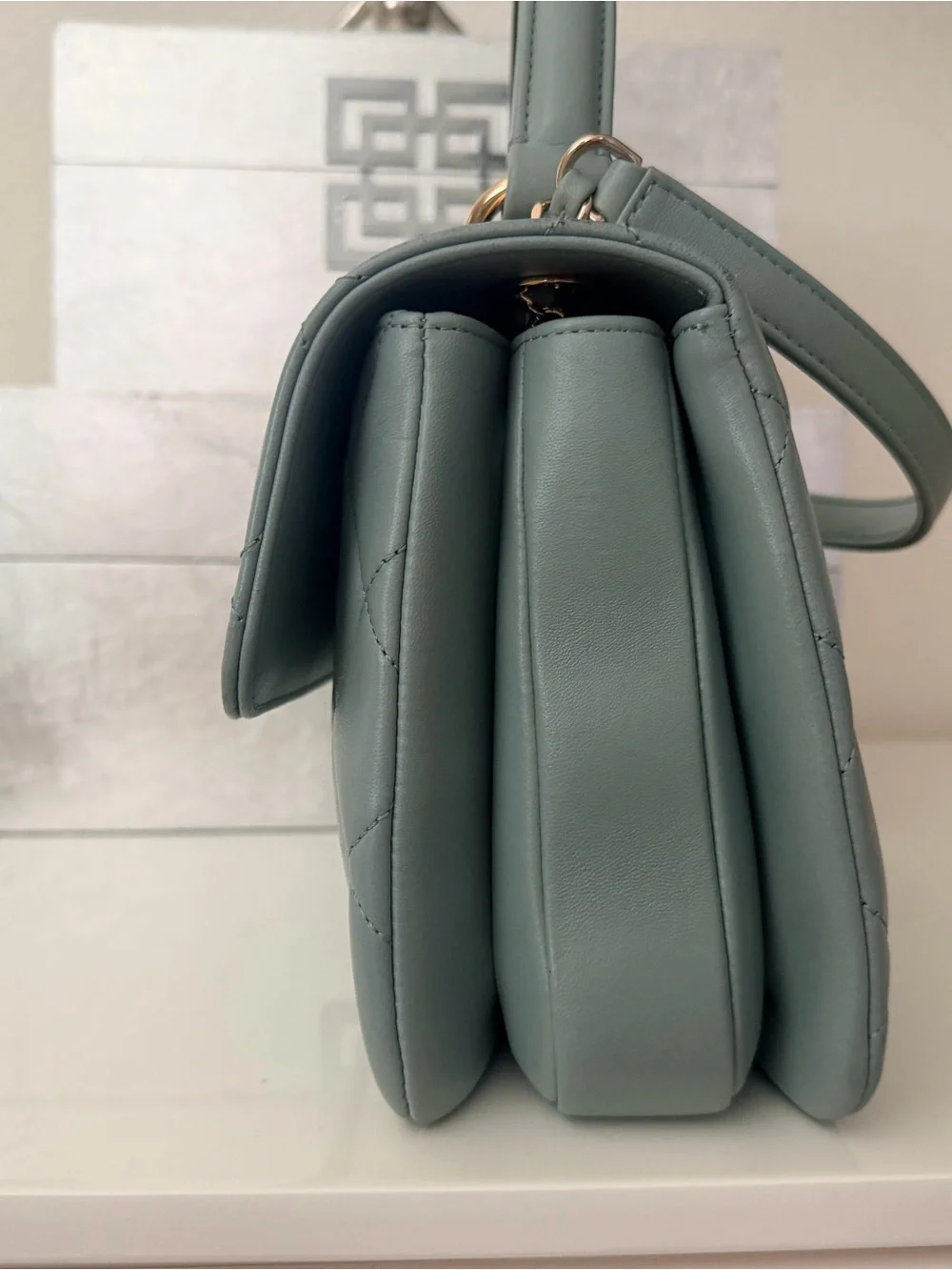 CHANEL Sage Green Quilted Top Handle Satchel with Gold Hardware